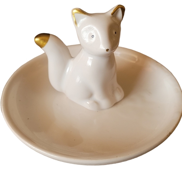Fox Porcelain Fox Trinket Dish Jewelry Tray Gold and Cream - Picture 1 of 5